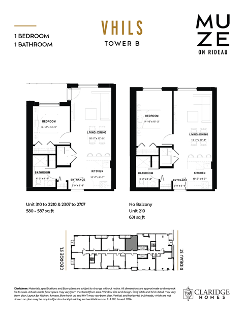 Floor plan for 1 bed, 1 bath, 587 sqft
